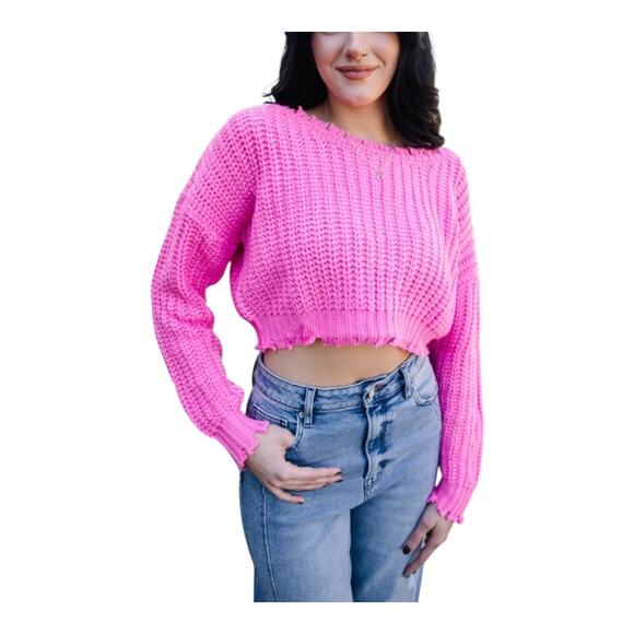 Lucca Women's Size XS Chunky Knit Crop Sweater Hot Pink Distressed Hem NWT - Picture 1 of 9